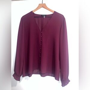 Burgundy V-neck, button-down blouse, ruffle at wrist, size XL